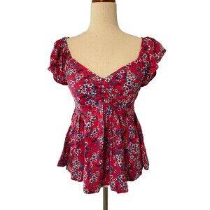 Japna Pink Floral Babydoll Top Womens Small Short Sleeve Boho Cottagecore